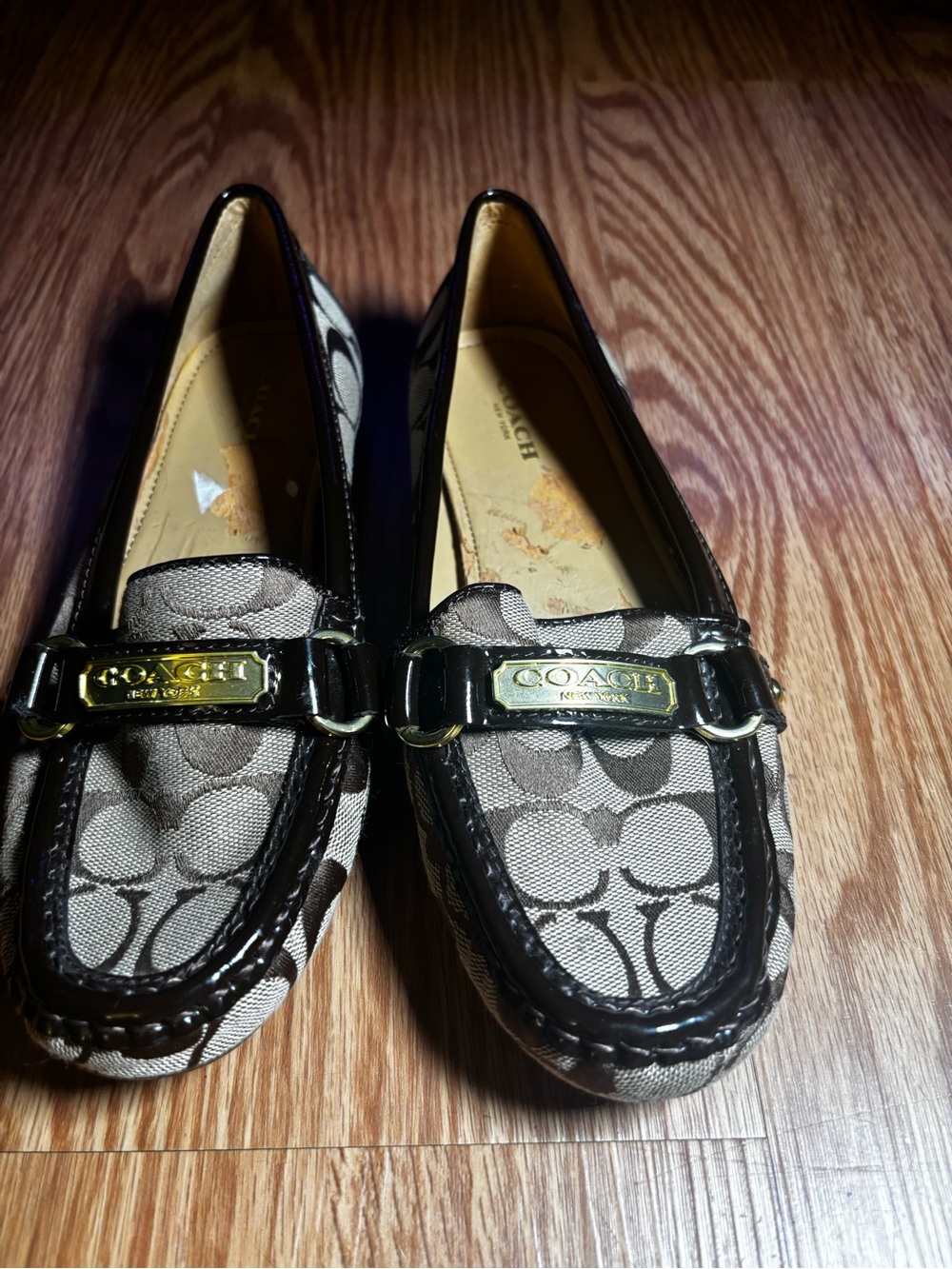 Coach Signature Canvas Brown and Beige Loafers with Gold Hardware